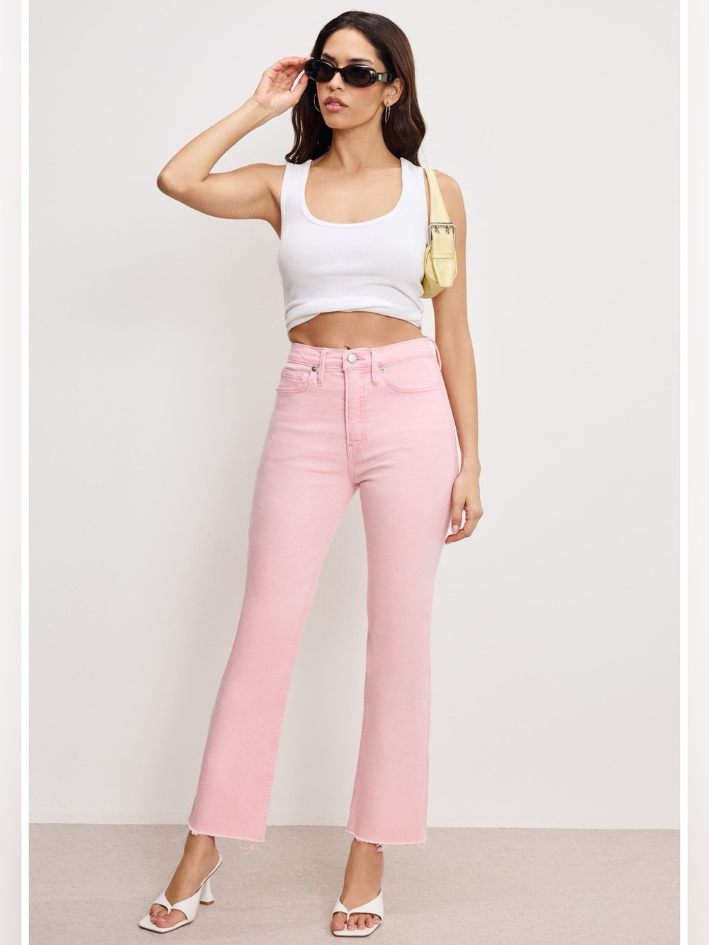 Good American Pink Flamingo High Rise Raw Hem Kick Flare